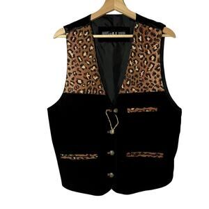 Vintage AJ black leather cheetah print vest men's large formal western cowboy